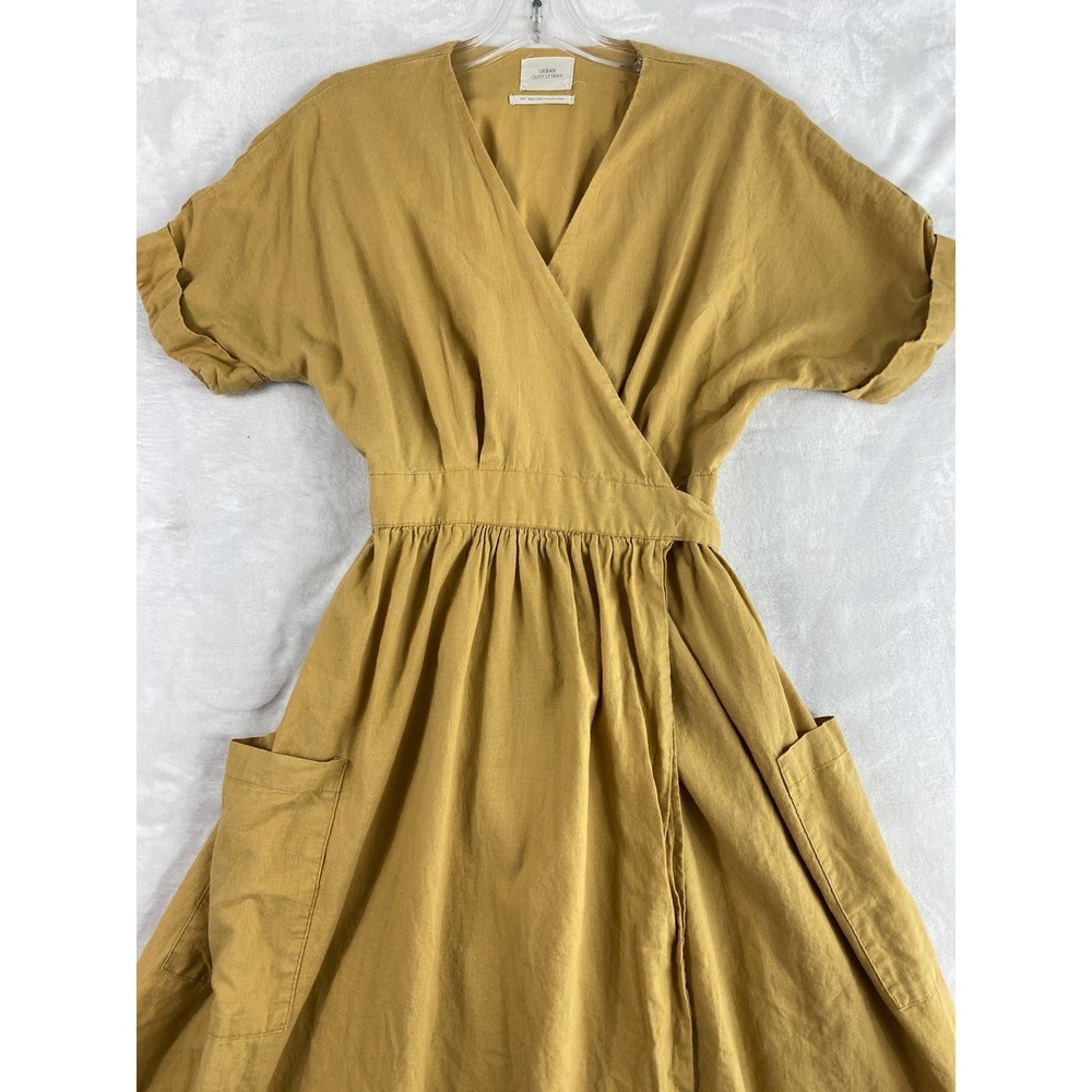 Urban Outfitters Midi Dress Women Sz S Mustard Yellow Wrap Linen Blend Cottage - Picture 6 of 13